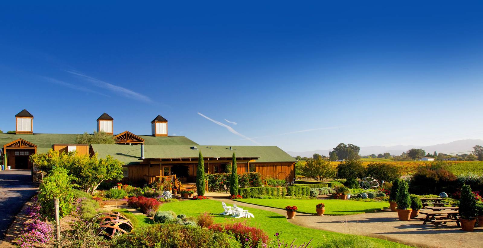 The Bouchaine Vineyards building and terrace in Carneros. The winery’s new tasting room features a demonstration kitchen, an outdoor terrace, fire pits and landscaped gardens.
