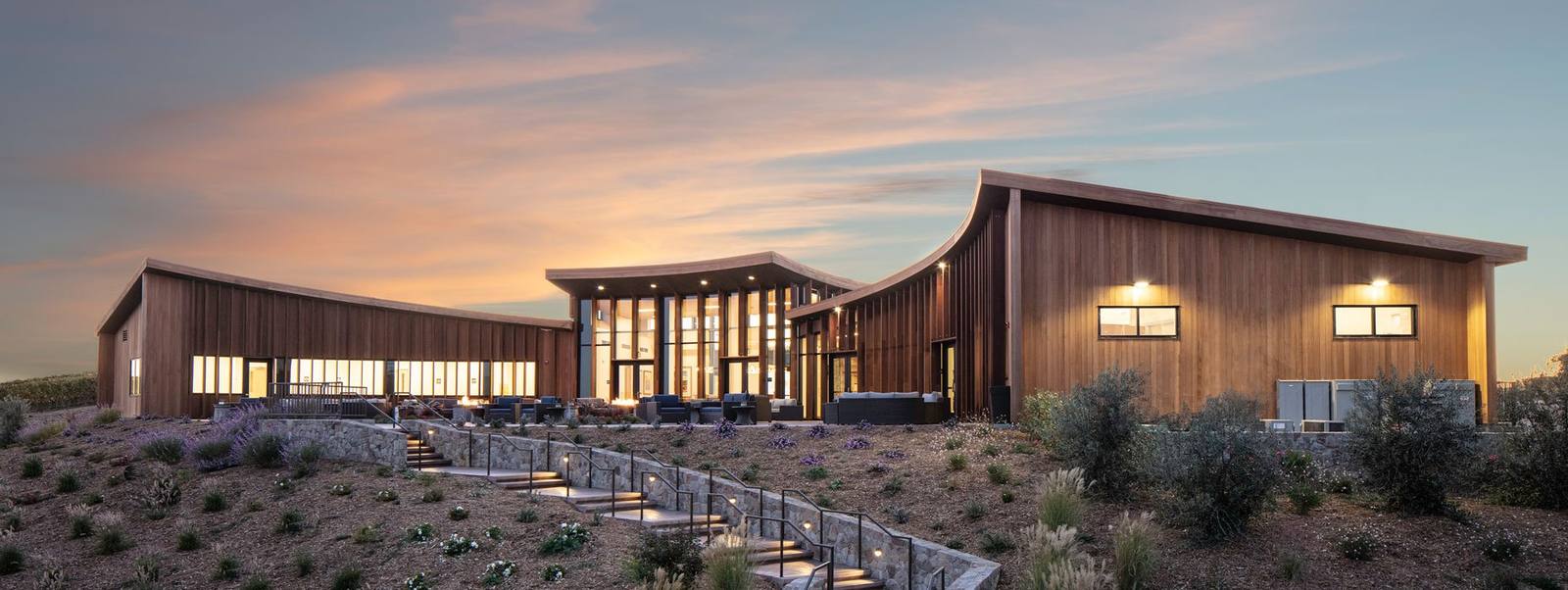 Dusk over the Bouchaine estate. Its 104-acre sustainably farmed vineyard in the Carneros AVA sits where cool maritime breezes and fog shape its Chardonnay and Pinot Noir.