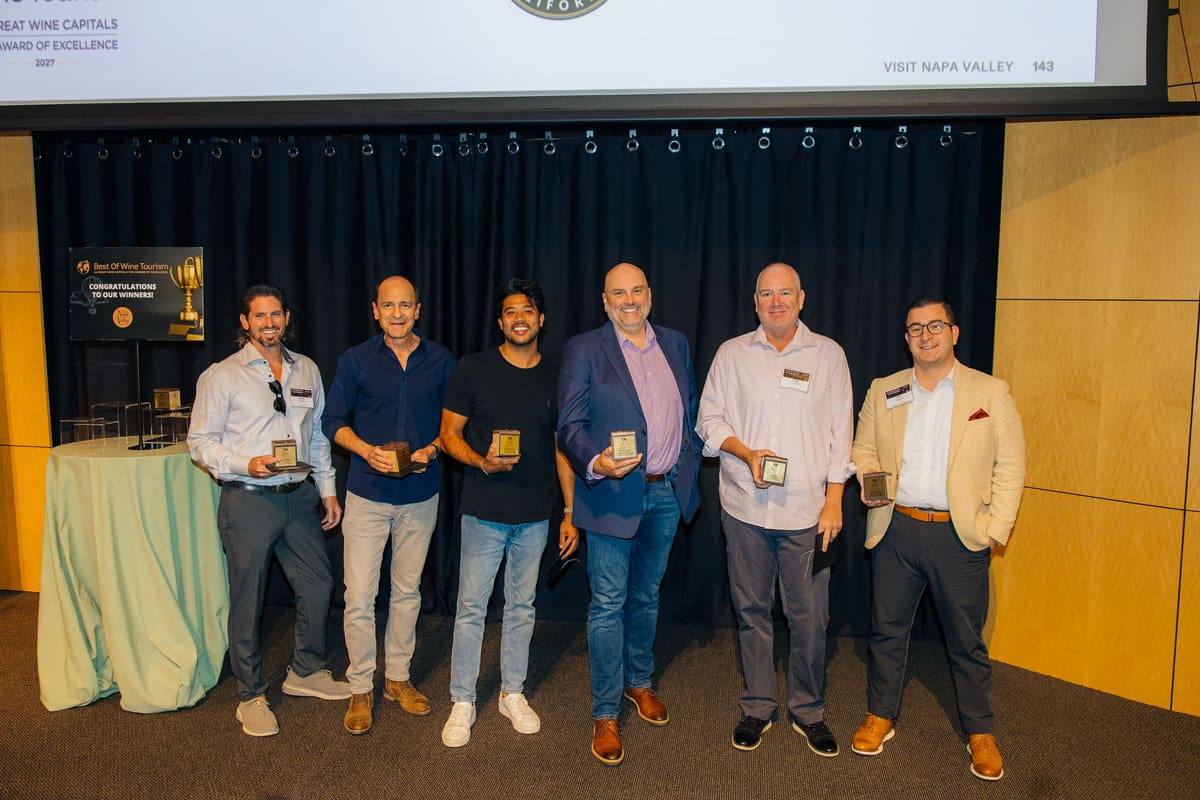 The 2027 Best of Wine Tourism regional winners, left to right: Aaron Ramo of Lewis Cellars, Ed Matovcik of Robert Mondavi Winery, Andrew Mazotti of the Napa Valley Car Club, David Eriksen of Bouchaine Vineyards, Craig DeGraff of Okaeri Calistoga and Luke Magnini of Beaulieu Vineyards.