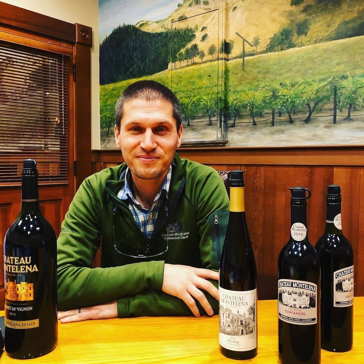 Crafton tastes Chateau Montelena wines at the winery in 2019, during a visit documented by PaperCity Magazine. He joined the Calistoga estate in 2008 and completed his UC Davis viticulture and enology degree that year.
