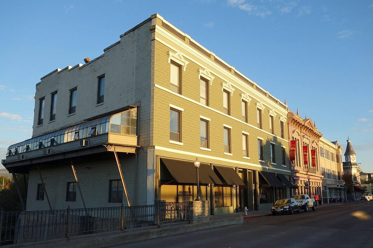 Main Street in the late afternoon. The 19th-century commercial blocks are the attraction in themselves.