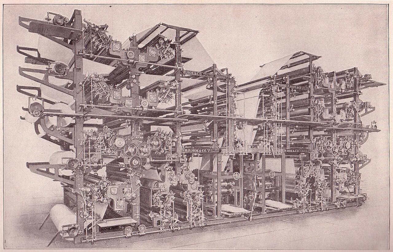 A newspaper printing press, in an engraving of an R. Hoe and Company machine; the Tribune's compact is with its readers.