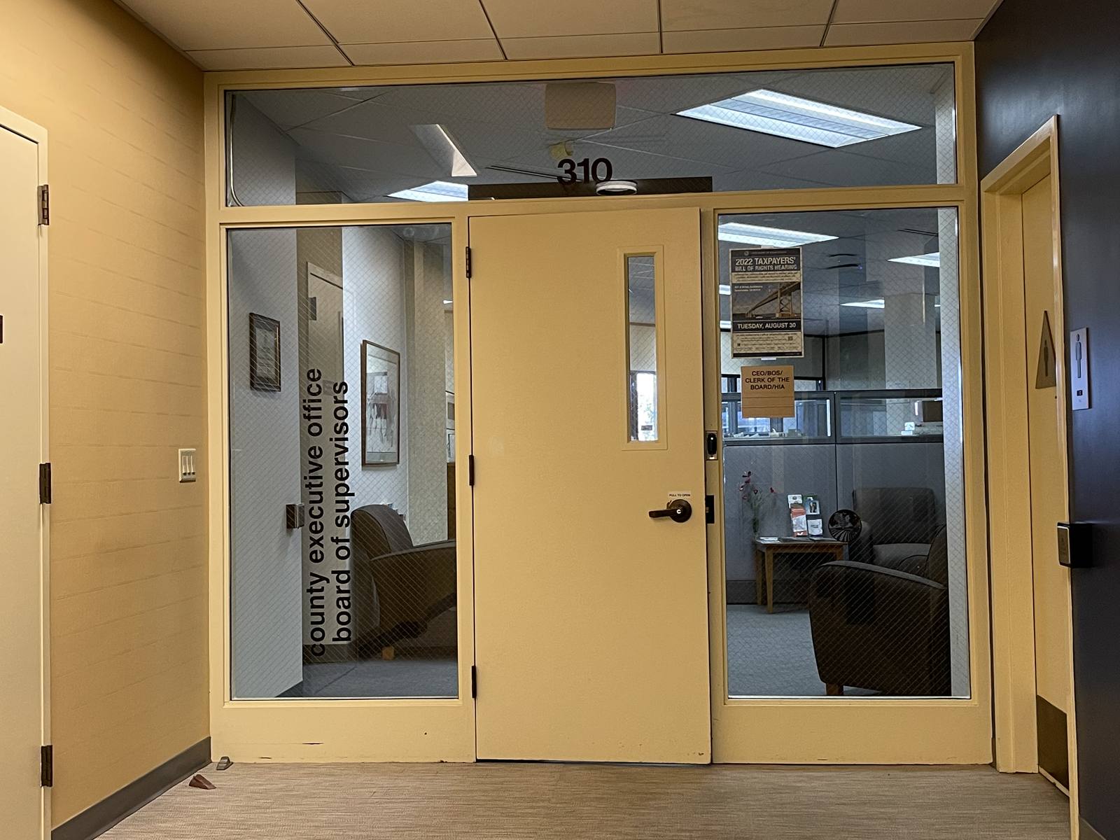 The doorway to the county executive office and Board of Supervisors inside the Napa County Administration Building in Napa.