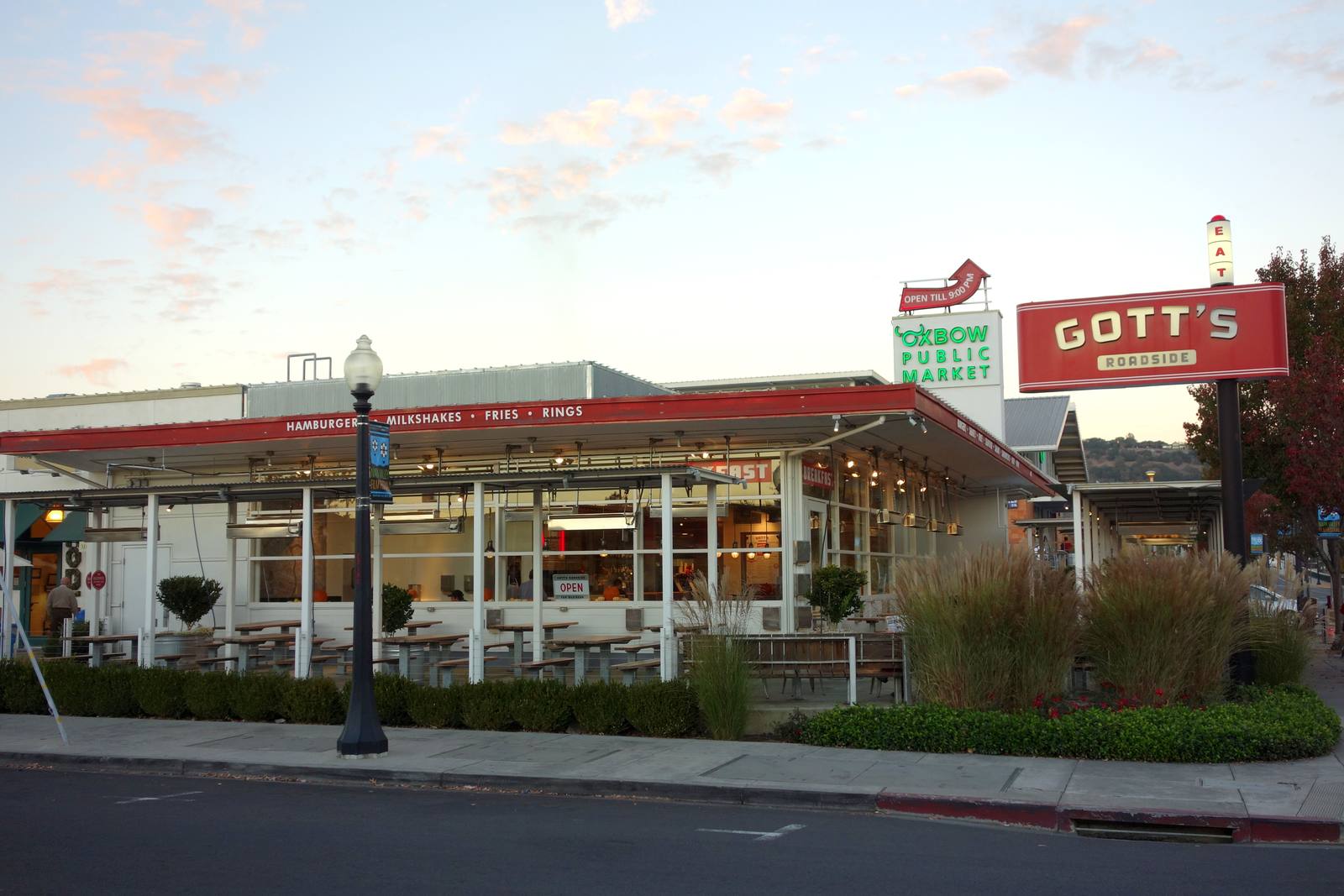 Oxbow Public Market and Gott’s Roadside on First Street, the market hall at the heart of the Oxbow district next to Oxbow Commons. Rally goers gathered on the Commons lawn a short walk from the market on Saturday afternoon.