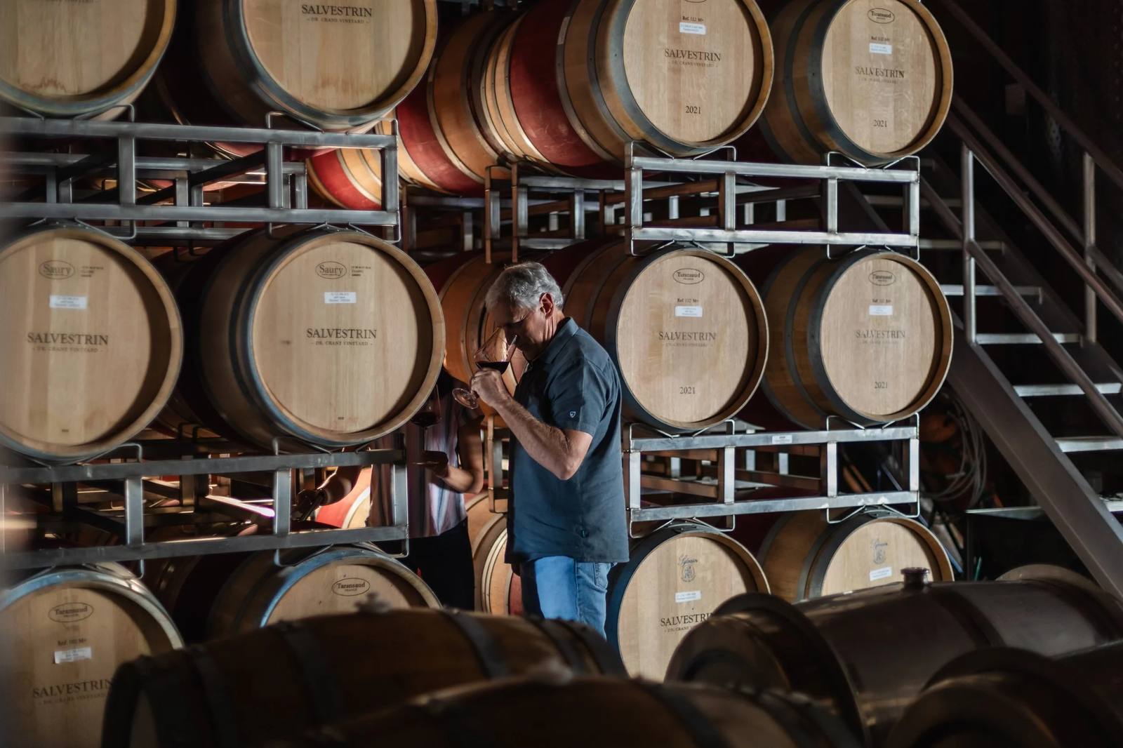 Salvestrin barrels stacked in the winery's barrel room during harvest season 2023.