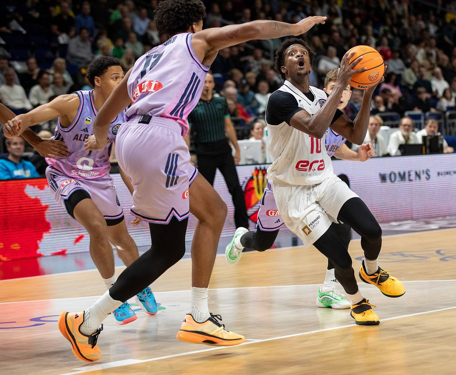 Sir'Jabari Rice of ERA Basketball Nymburk rises for a shot against ALBA Berlin's Norris Agbakoko during a Basketball Champions League game in Berlin on Oct. 28, 2025. Shooting was the Storm's summer emphasis.