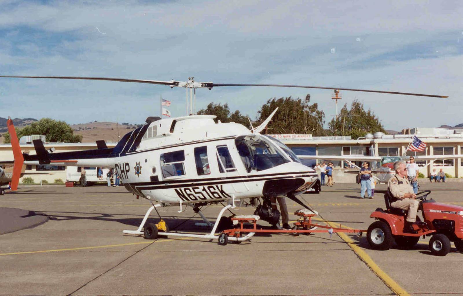 A helicopter on the ramp at Napa County Airport. The study is looking at a visual approach, usable in fair weather, that would avoid sensitive noise areas.